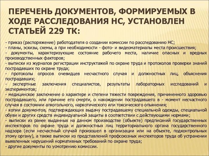 ПЕРЕЧЕНЬ ДОКУМЕНТОВ, ФОРМИРУЕМЫХ В ХОДЕ РАССЛЕДОВАНИЯ НС, УСТАНОВЛЕН СТАТЬЕЙ 229