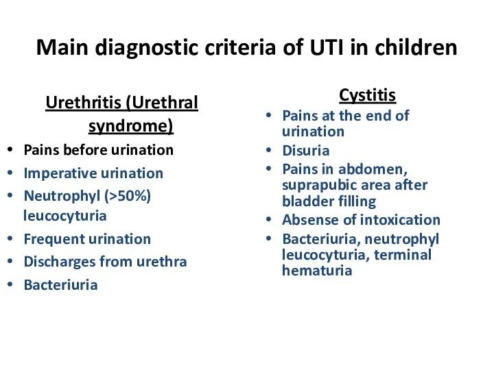 Main diagnostic criteria of UTI in children Urethritis (Urethral syndrome) Pains before urination
