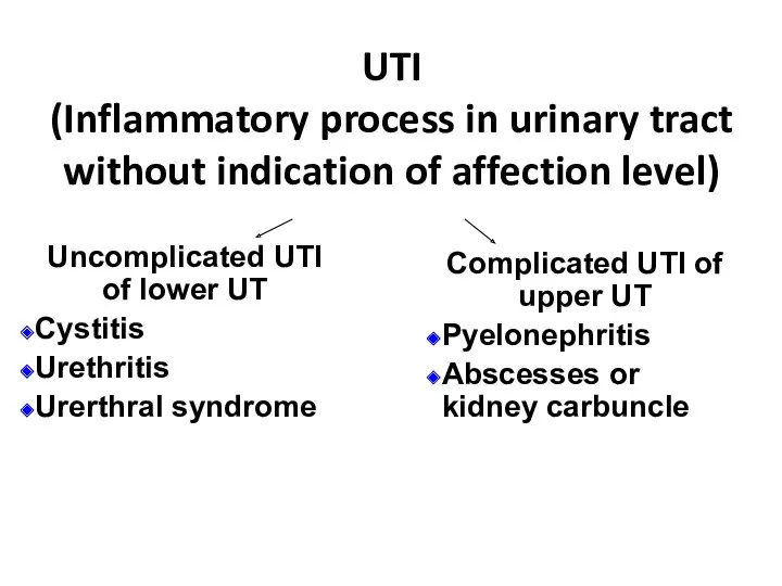UTI (Inflammatory process in urinary tract without indication of affection level) Uncomplicated UTI