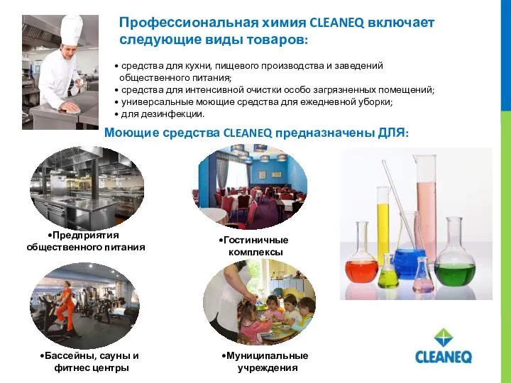 Профессиональная химия CLEANEQ включает следующие виды товаров: средства для кухни,