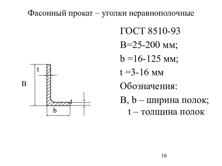 Фасонный прокат – уголки неравнополочные ГОСТ 8510-93 В=25-200 мм; b