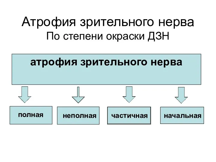 Атрофия зрительного нерва По степени окраски ДЗН атрофия зрительного нерва полная неполная частичная начальная