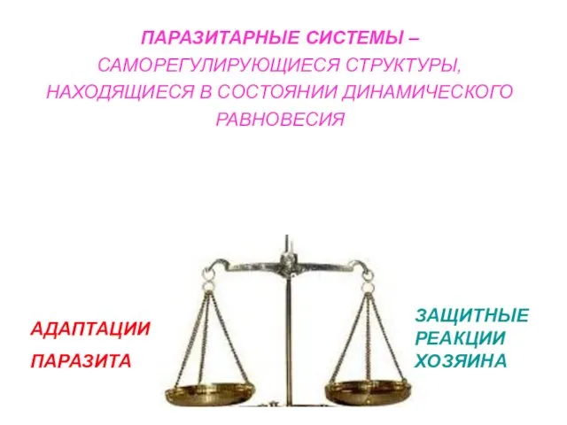 ПАРАЗИТАРНЫЕ СИСТЕМЫ – САМОРЕГУЛИРУЮЩИЕСЯ СТРУКТУРЫ, НАХОДЯЩИЕСЯ В СОСТОЯНИИ ДИНАМИЧЕСКОГО РАВНОВЕСИЯ АДАПТАЦИИ ПАРАЗИТА ЗАЩИТНЫЕ РЕАКЦИИ ХОЗЯИНА