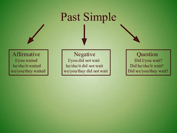 Past Simple Affirmative I/you waited he/she/it waited we/you/they waited Negative