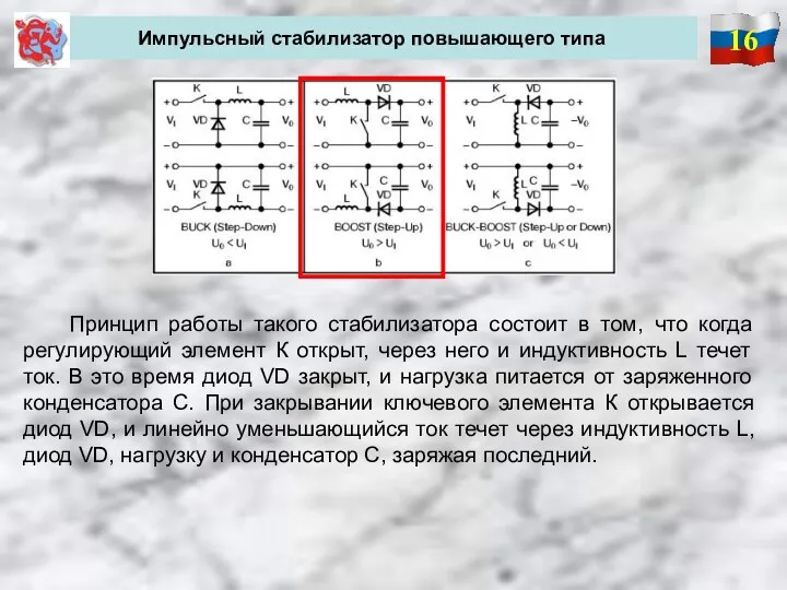 16 Импульсный стабилизатор повышающего типа Принцип работы такого стабилизатора состоит