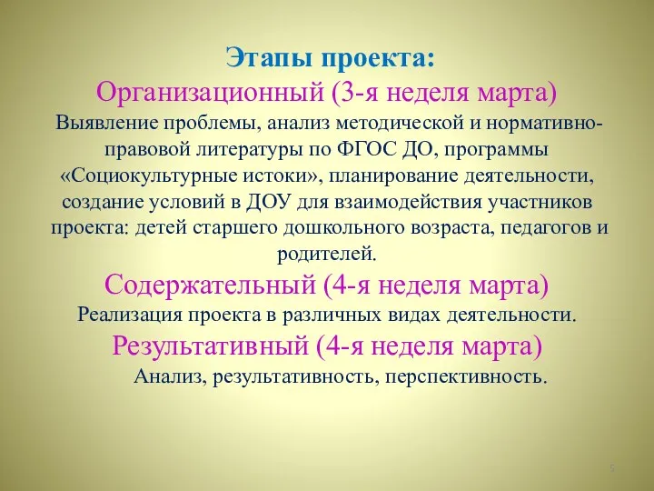 Этапы проекта: Организационный (3-я неделя марта) Выявление проблемы, анализ методической