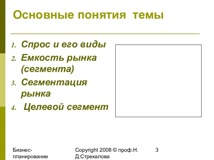 Бизнес-планирование 2008 Copyright 2008 © проф.Н.Д.Стрекалова Основные понятия темы Спрос и его виды