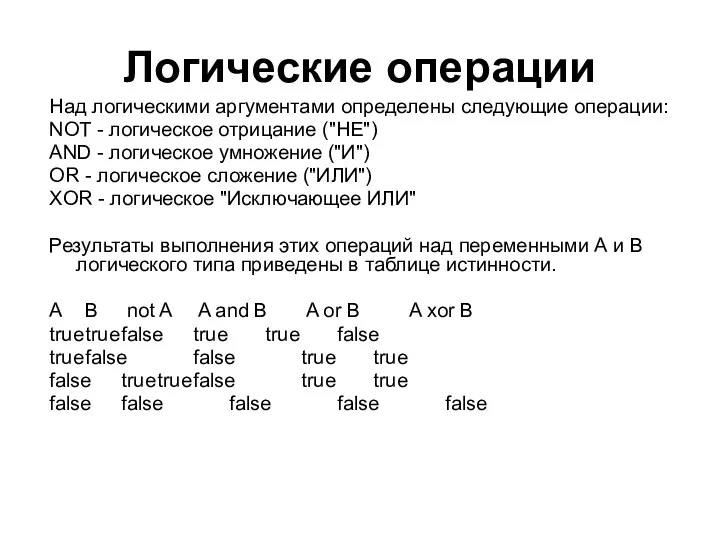 Логические операции Над логическими аргументами определены следующие операции: NOT -