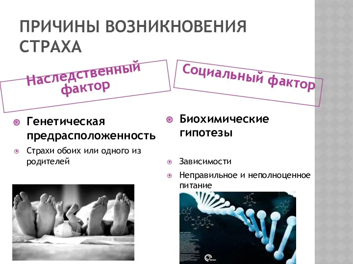 ПРИЧИНЫ ВОЗНИКНОВЕНИЯ СТРАХА Наследственный фактор Социальный фактор Генетическая предрасположенность Страхи