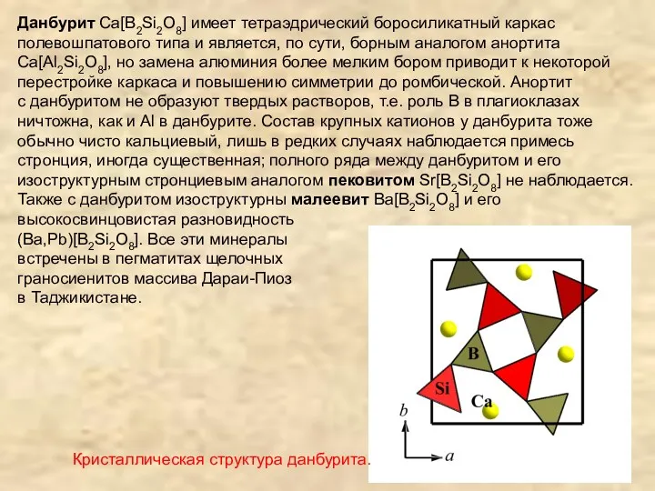 Данбурит Ca[B2Si2O8] имеет тетраэдрический боросиликатный каркас полевошпатового типа и является,