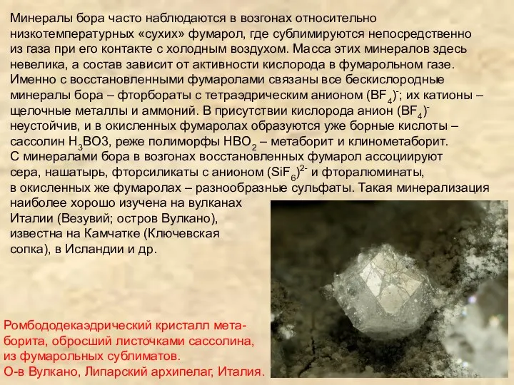Ромбододекаэдрический кристалл мета- борита, обросший листочками сассолина, из фумарольных сублиматов.