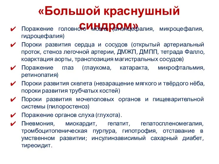 «Большой краснушный синдром» Поражение головного мозга (анэнцефалия, микроцефалия, гидроцефалия) Пороки