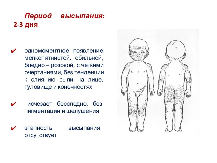 Период высыпания: 2-3 дня одномоментное появление мелкопятнистой, обильной, бледно –