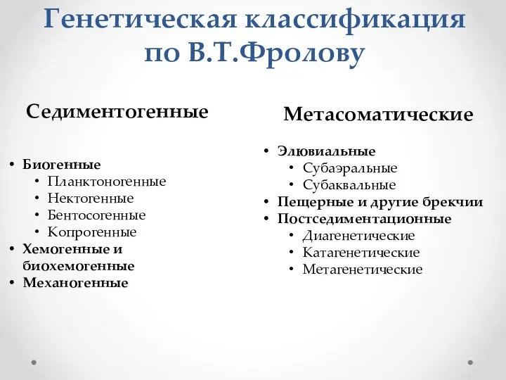 Генетическая классификация по В.Т.Фролову Седиментогенные Биогенные Планктоногенные Нектогенные Бентосогенные Копрогенные