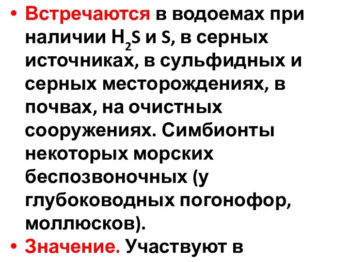 Встречаются в водоемах при наличии Н2S и S, в серных