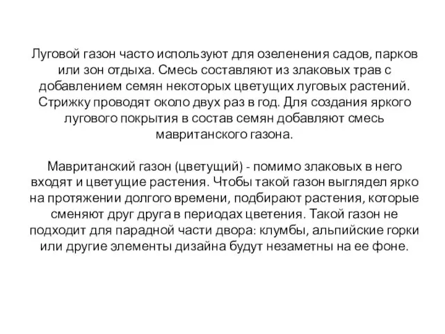 Луговой газон часто используют для озеленения садов, парков или зон