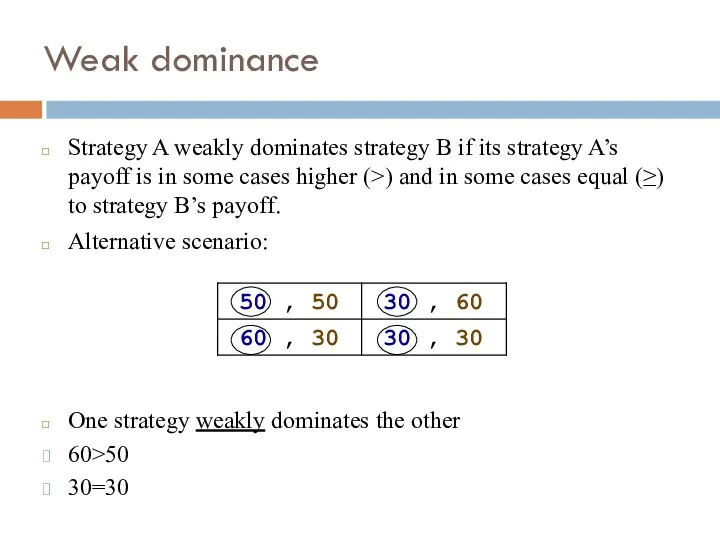 Weak dominance Strategy A weakly dominates strategy B if its