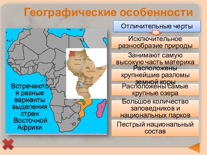 Географические особенности Встречаются разные варианты выделения стран Восточной Африки Отличительные