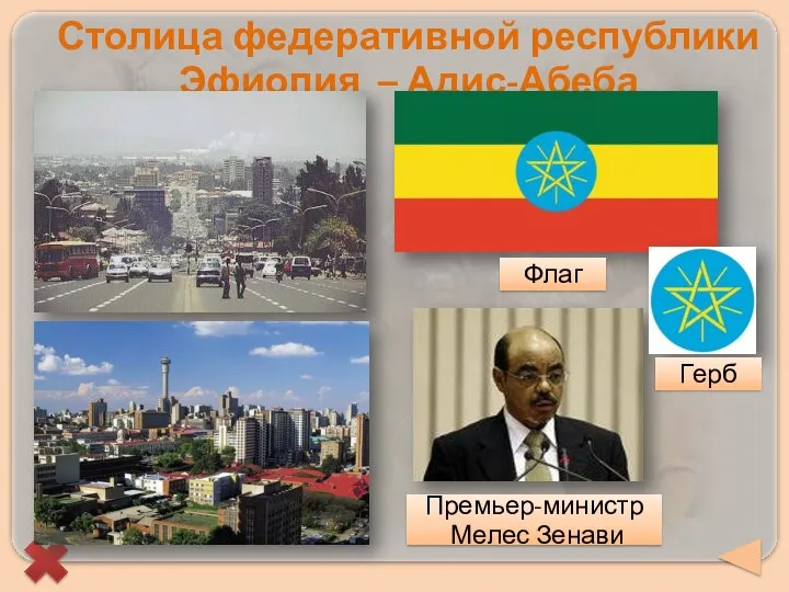 Столица федеративной республики Эфиопия – Адис-Абеба Премьер-министр Мелес Зенави Флаг Герб