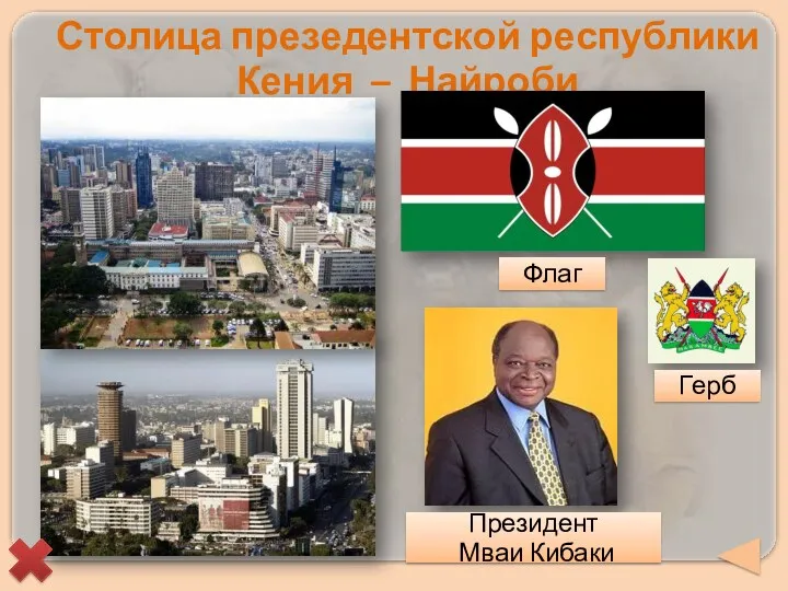 Столица презедентской республики Кения – Найроби Президент Мваи Кибаки Флаг Герб