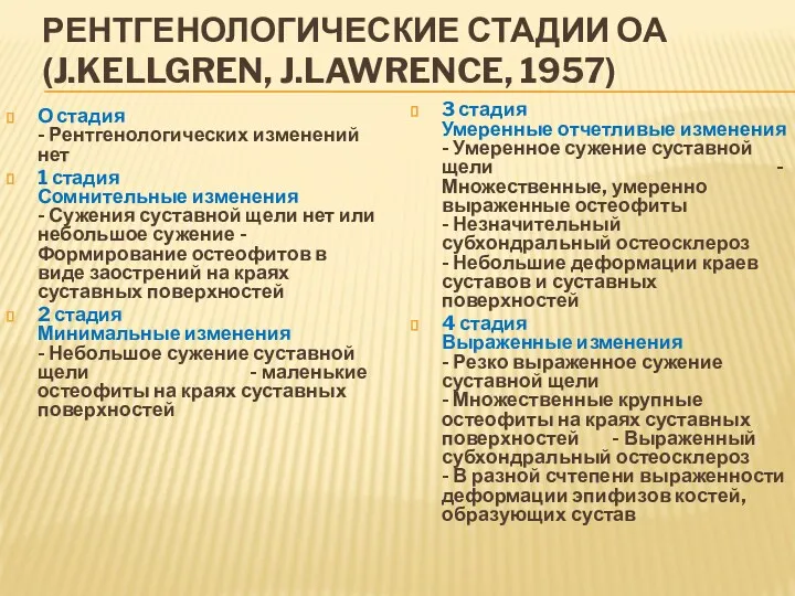 РЕНТГЕНОЛОГИЧЕСКИЕ СТАДИИ ОА (J.KELLGREN, J.LAWRENCE, 1957) О стадия - Рентгенологических изменений нет 1