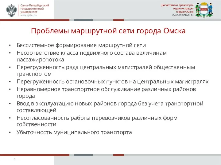 Проблемы маршрутной сети города Омска Бессистемное формирование маршрутной сети Несоответствие