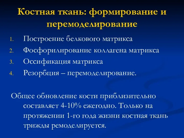 Костная ткань: формирование и перемоделирование Построение белкового матрикса Фосфорилирование коллагена