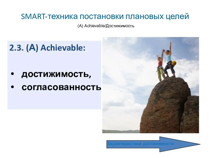 SMART-техника постановки плановых целей (А) Achievable/Достижимость 2.3. (А) Achievable: достижимость, согласованность. Характеристики достижимости