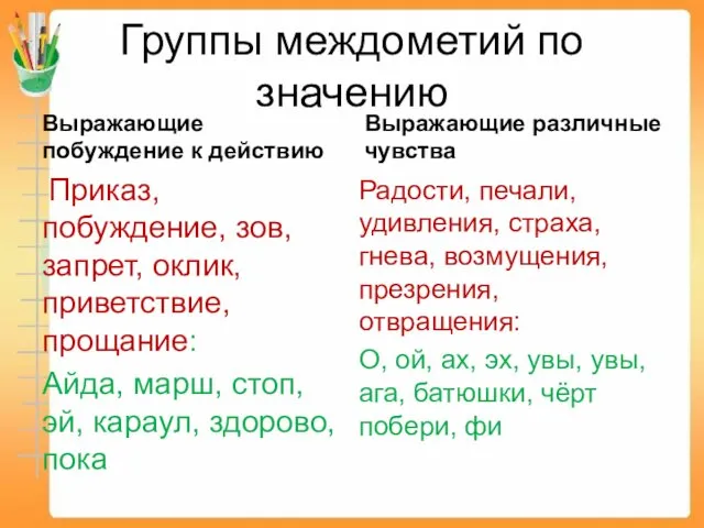 Группы междометий по значению Выражающие побуждение к действию Приказ, побуждение,