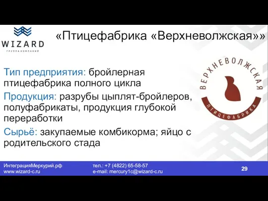 «Птицефабрика «Верхневолжская»» Тип предприятия: бройлерная птицефабрика полного цикла Продукция: разрубы