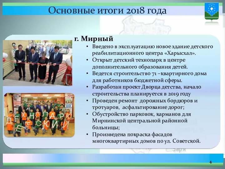 Основные итоги 2018 года г. Мирный Введено в эксплуатацию новое