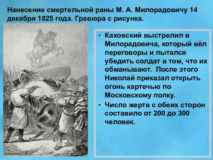 Нанесение смертельной раны М. А. Милорадовичу 14 декабря 1825 года.