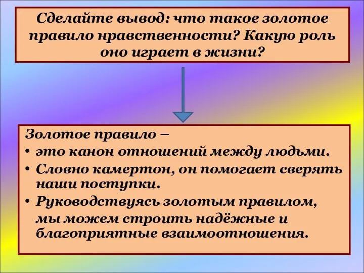 Сделайте вывод: что такое золотое правило нравственности? Какую роль оно играет в жизни?