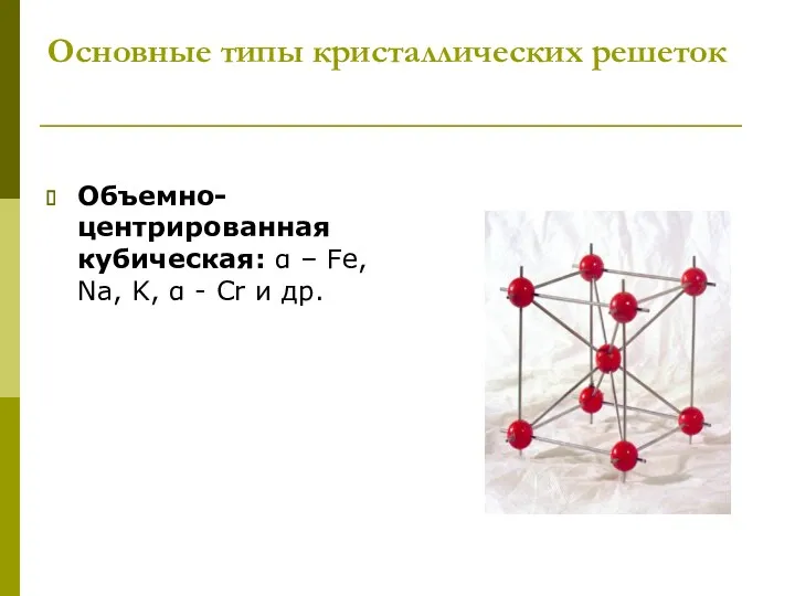 Основные типы кристаллических решеток Объемно-центрированная кубическая: α – Fe, Na, K, α - Cr и др.