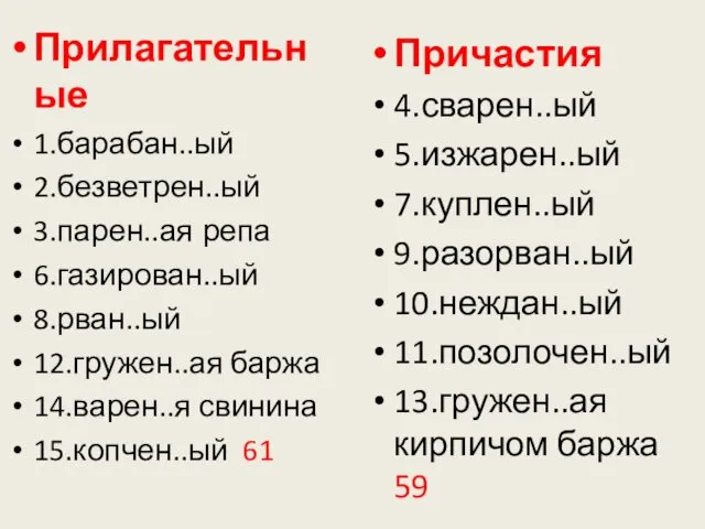 Прилагательные 1.барабан..ый 2.безветрен..ый 3.парен..ая репа 6.газирован..ый 8.рван..ый 12.гружен..ая баржа 14.варен..я