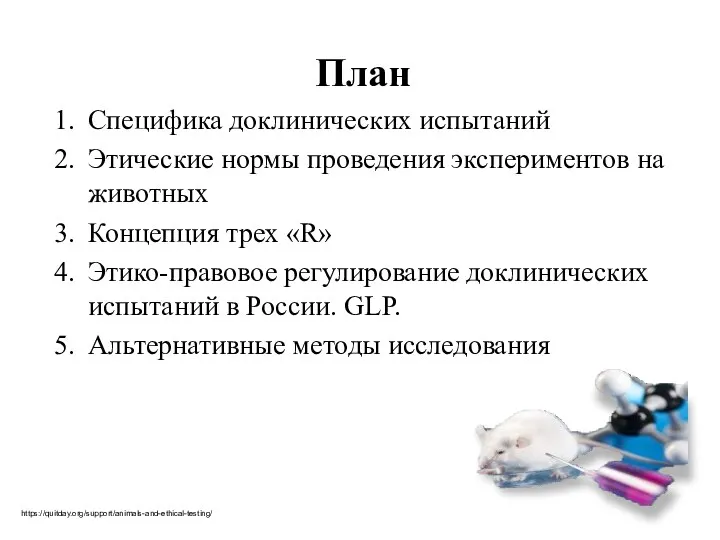 План Cпецифика доклинических испытаний Этические нормы проведения экспериментов на животных