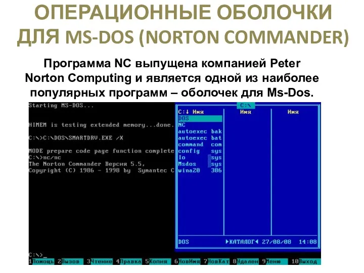 ОПЕРАЦИОННЫЕ ОБОЛОЧКИ ДЛЯ MS-DOS (NORTON COMMANDER) Программа NC выпущена компанией