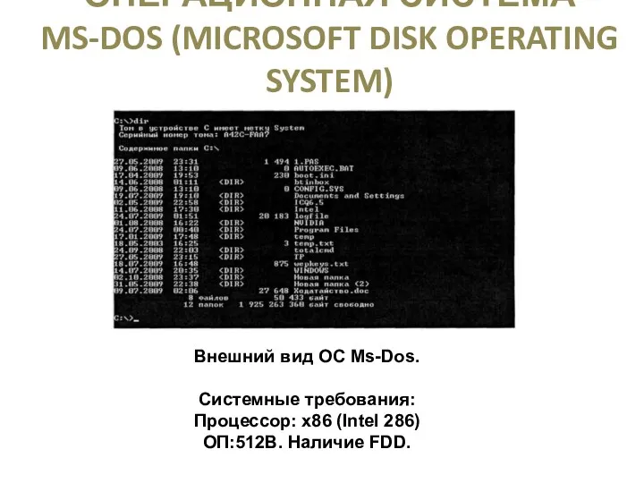 ОПЕРАЦИОННАЯ СИСТЕМА MS-DOS (MICROSOFT DISK OPERATING SYSTEM) Внешний вид ОС