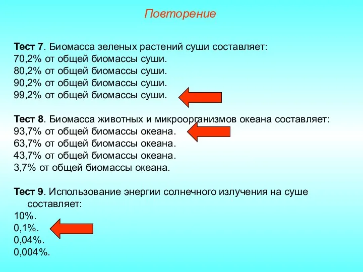 Повторение Тест 7. Биомасса зеленых растений суши составляет: 70,2% от общей биомассы суши.