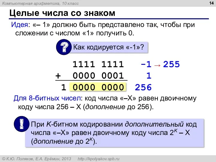 Целые числа со знаком Идея: «– 1» должно быть представлено