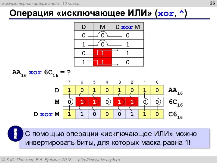 Операция «исключающее ИЛИ» (xor, ^) D D xor M M