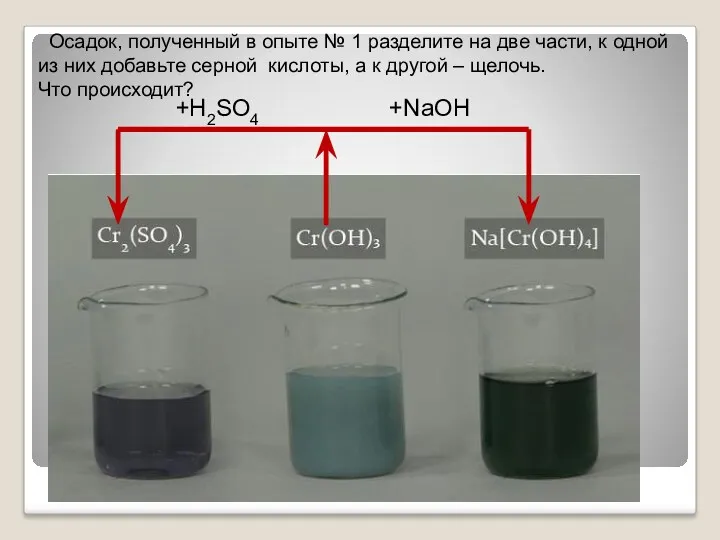 +H2SO4 +NaOH Осадок, полученный в опыте № 1 разделите на