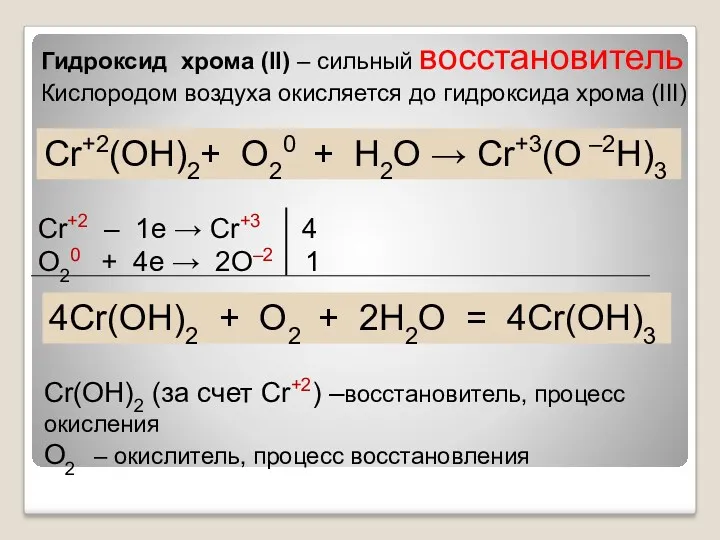 Гидроксид хрома (II) – сильный восстановитель Кислородом воздуха окисляется до