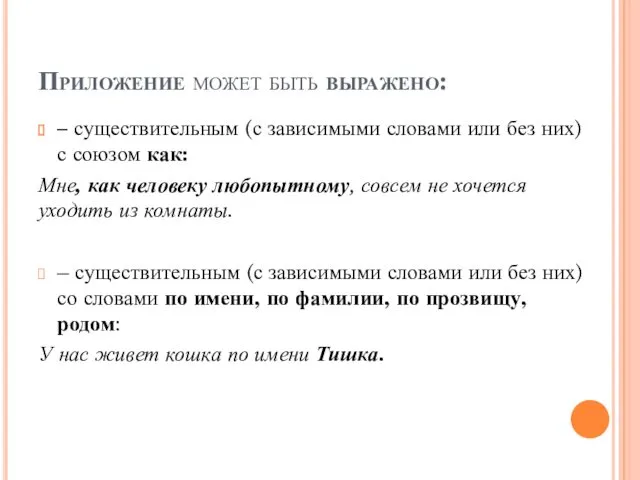 Приложение может быть выражено: – существительным (с зависимыми словами или без них) с