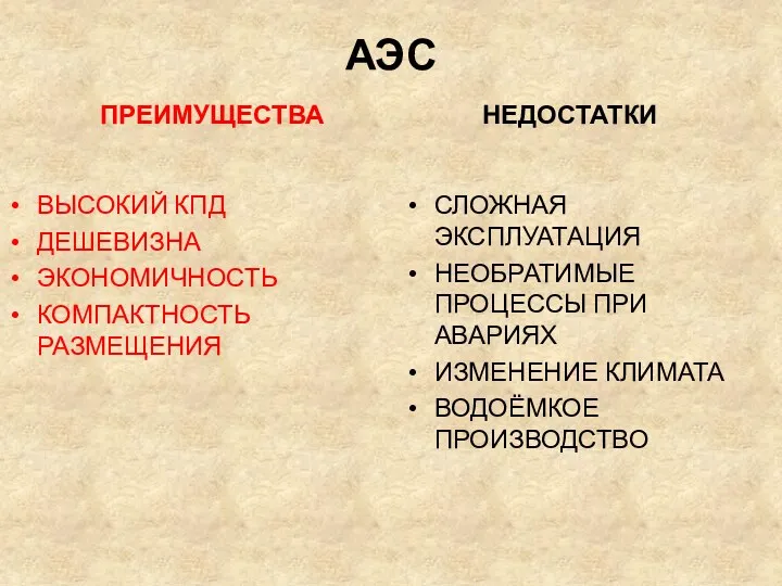 АЭС ПРЕИМУЩЕСТВА ВЫСОКИЙ КПД ДЕШЕВИЗНА ЭКОНОМИЧНОСТЬ КОМПАКТНОСТЬ РАЗМЕЩЕНИЯ НЕДОСТАТКИ СЛОЖНАЯ