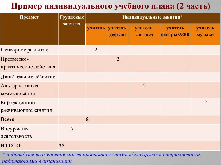 Пример индивидуального учебного плана (2 часть) * индивидуальные занятия могут