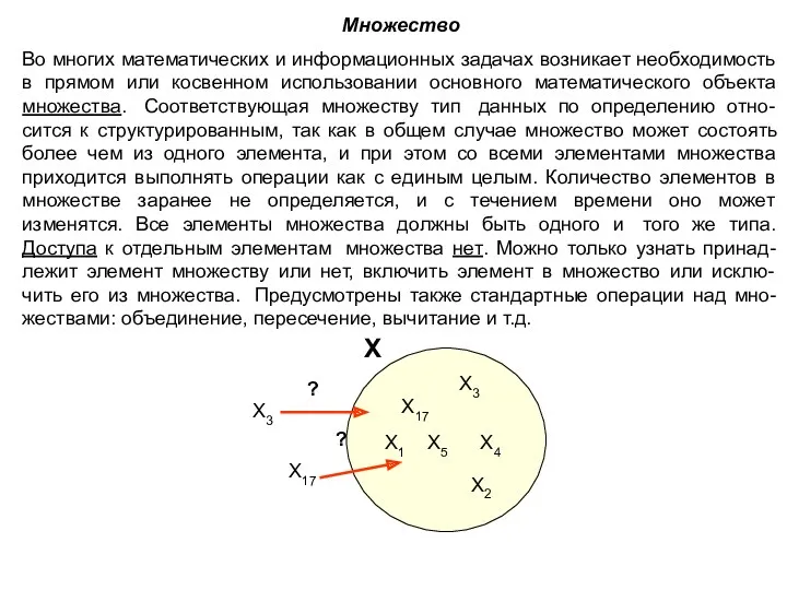 Множество Во многих математических и информационных задачах возникает необходимость в