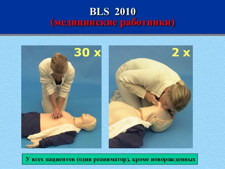 BLS 2010 (медицинские работники) 30 x 2 x У всех пациентов (один реаниматор), кроме новорожденных