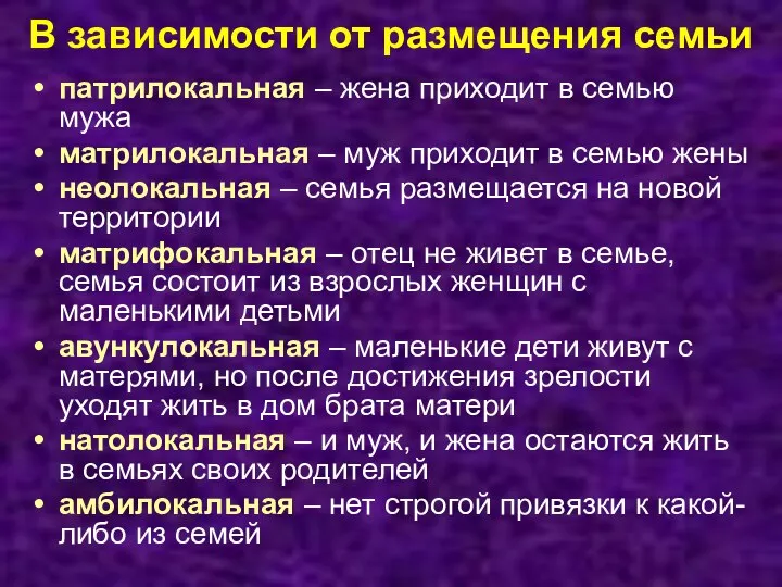 В зависимости от размещения семьи патрилокальная – жена приходит в