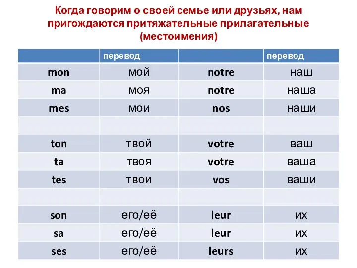 Когда говорим о своей семье или друзьях, нам пригождаются притяжательные прилагательные (местоимения)